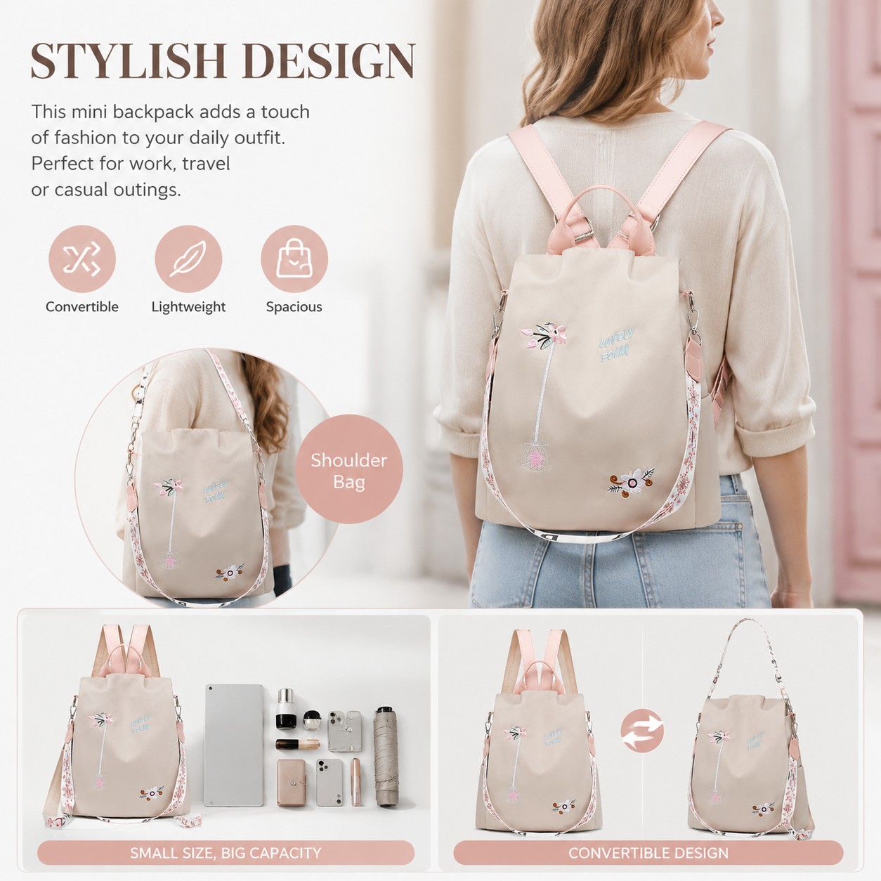 Women's Crossbody Backpack, Embroidered Handbag 2 Ways Convertible Shoulder Bags