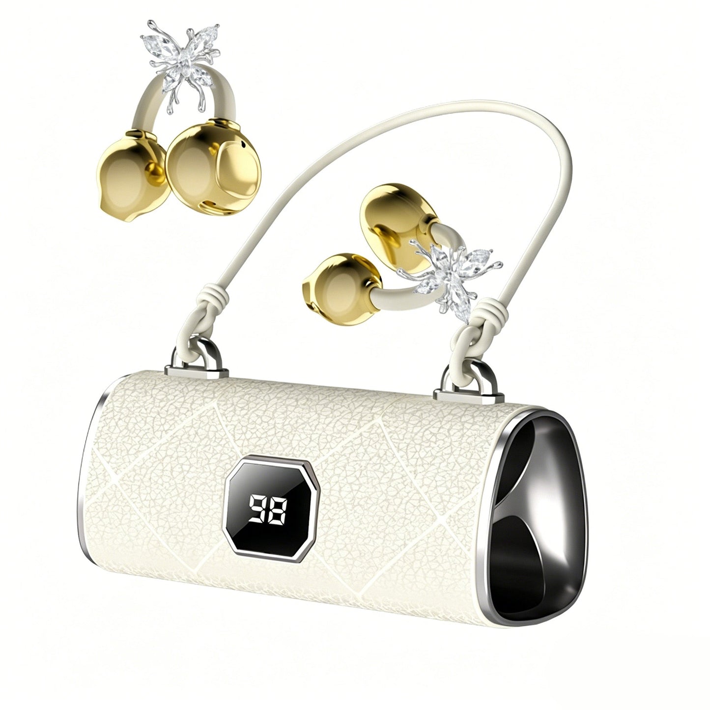 X22 Fashionable Clip On Wireless Headphones-Handbag?Style Handbag & Butterfly Crystal-Buckle Earrings