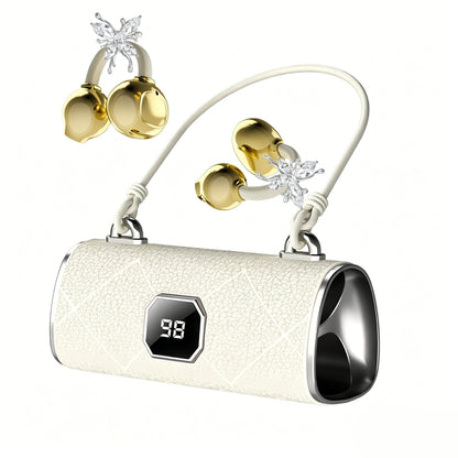X22 Fashionable Clip On Wireless Headphones-Handbag?Style Handbag & Butterfly Crystal-Buckle Earrings