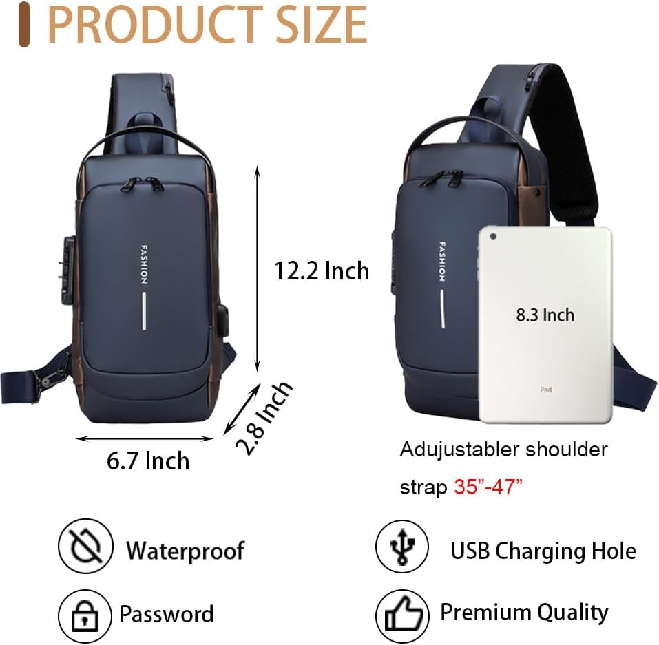 Travel Sling Bag Waterproof Crossbody Bag with Combination Lock Anti-Theft PU Leather Chest Bag