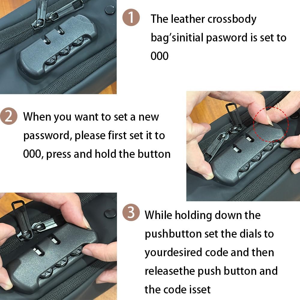 Travel Sling Bag Waterproof Crossbody Bag with Combination Lock Anti-Theft PU Leather Chest Bag
