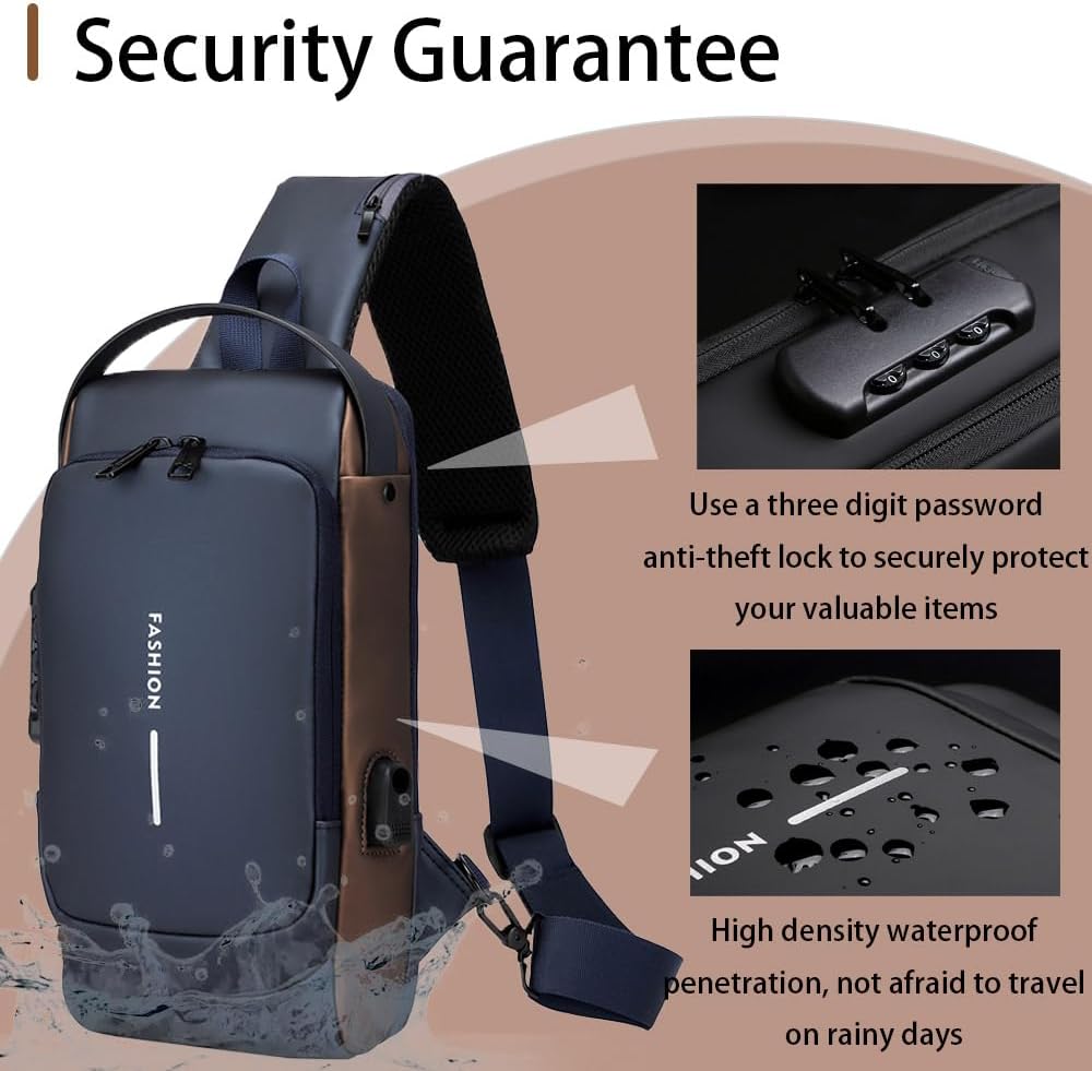 Travel Sling Bag Waterproof Crossbody Bag with Combination Lock Anti-Theft PU Leather Chest Bag