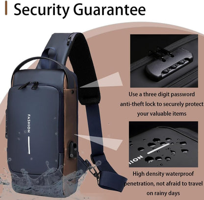 Travel Sling Bag Waterproof Crossbody Bag with Combination Lock Anti-Theft PU Leather Chest Bag