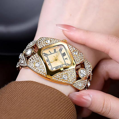 Elegant Women's Luxury Watch Rhombic Square Rhinestone Roman Numerals Dial Quartz Watch