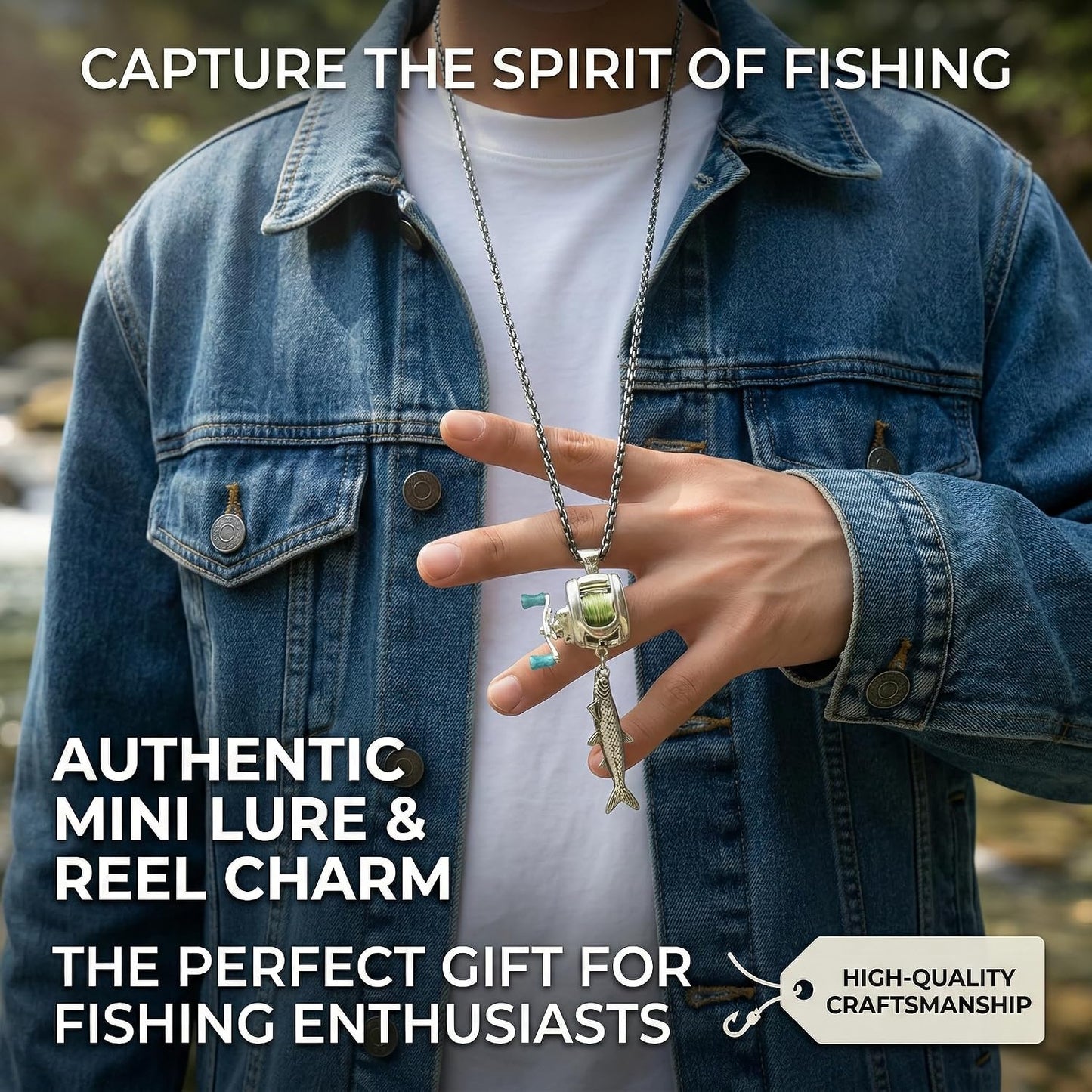Fishing Reel Necklace with Rotating Handle & Moving Line Guide