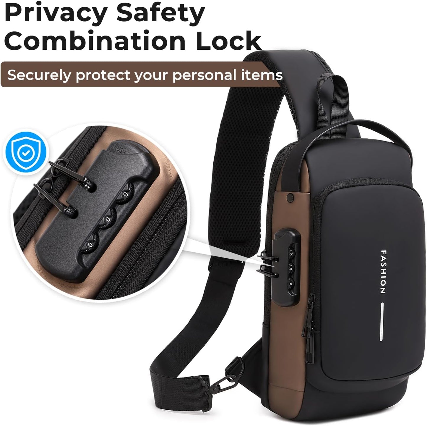 Travel Sling Bag Waterproof Crossbody Bag with Combination Lock Anti-Theft PU Leather Chest Bag