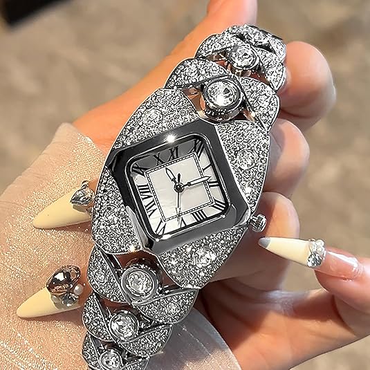 Elegant Women's Luxury Watch Rhombic Square Rhinestone Roman Numerals Dial Quartz Watch