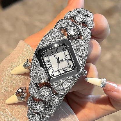 Elegant Women's Luxury Watch Rhombic Square Rhinestone Roman Numerals Dial Quartz Watch
