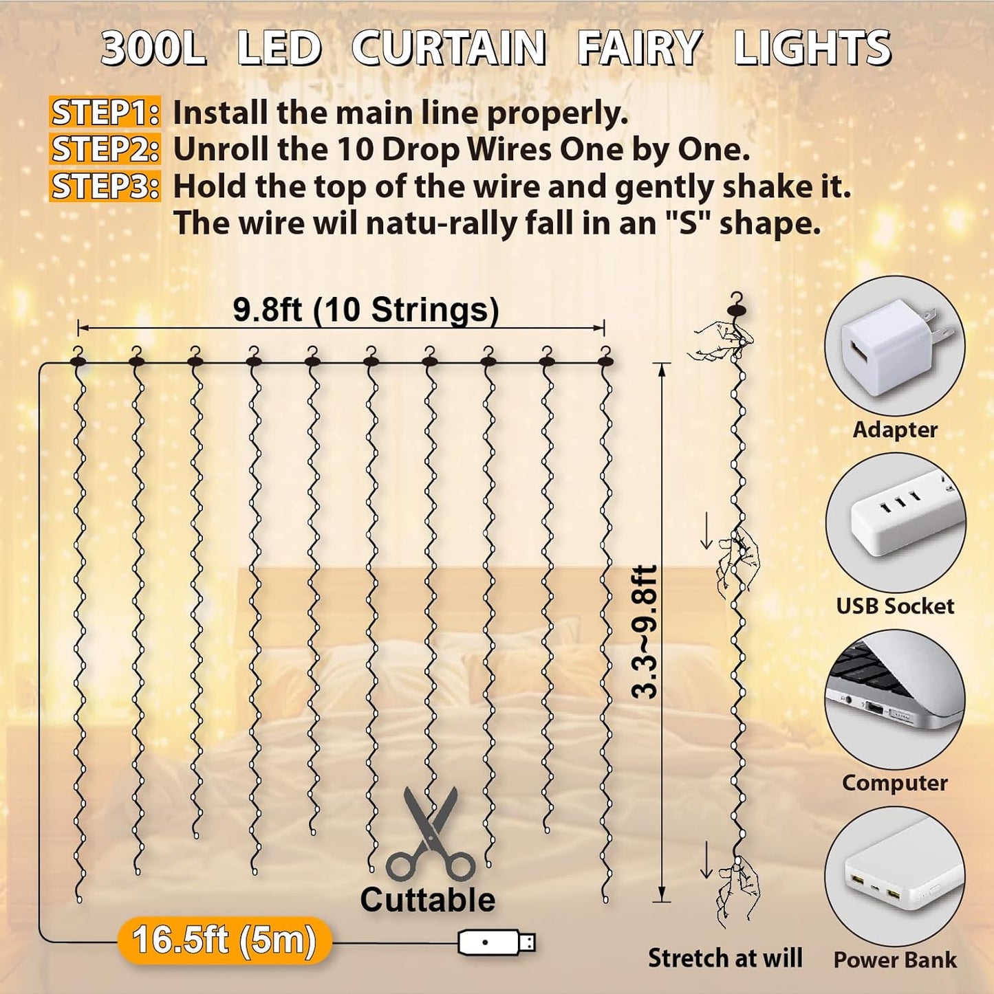 300LED Fairy Curtain Lights, 10×10 Ft USB Plug- Bedroom Backdrop Wedding Indoor Wall Decor