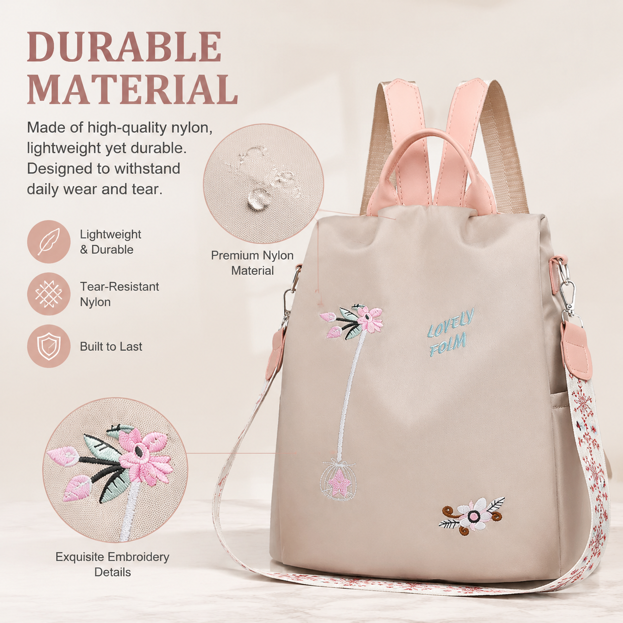 Women's Crossbody Backpack, Embroidered Handbag 2 Ways Convertible Shoulder Bags