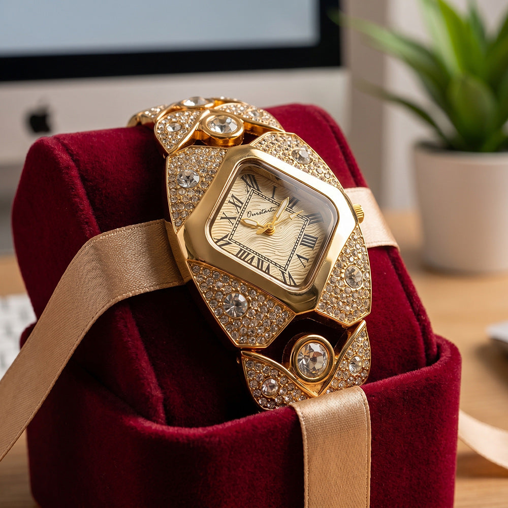 Elegant Women's Luxury Watch Rhombic Square Rhinestone Roman Numerals Dial Quartz Watch
