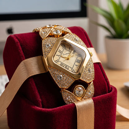 Elegant Women's Luxury Watch Rhombic Square Rhinestone Roman Numerals Dial Quartz Watch