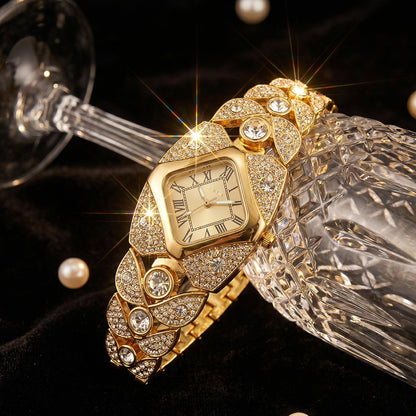 Elegant Women's Luxury Watch Rhombic Square Rhinestone Roman Numerals Dial Quartz Watch