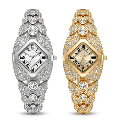 Elegant Women's Luxury Watch Rhombic Square Rhinestone Roman Numerals Dial Quartz Watch