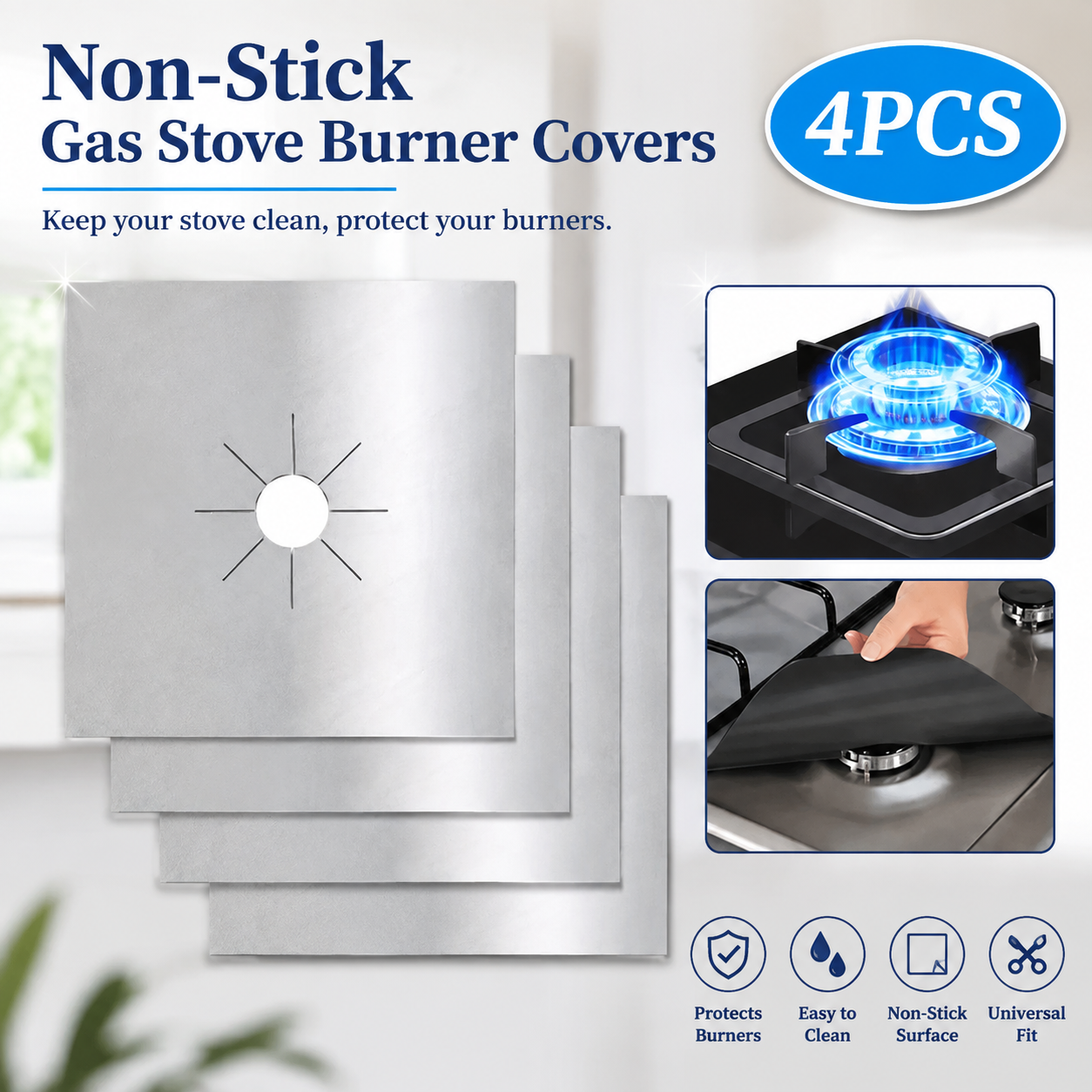 4Pcs Reusable Non-Stick Gas Stove Burner Covers, Gas Stove Burner Liners